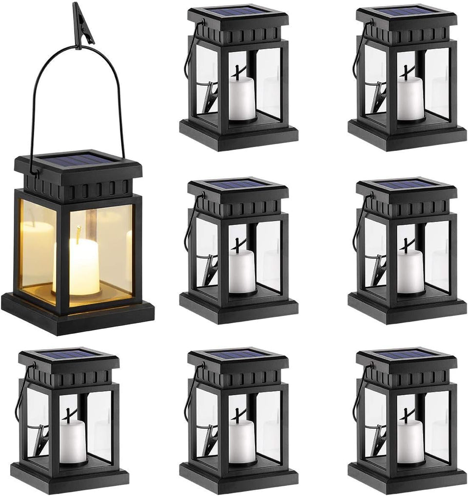 GIGALUMI 8-pack solar lanterns on a tree for warm ambient light