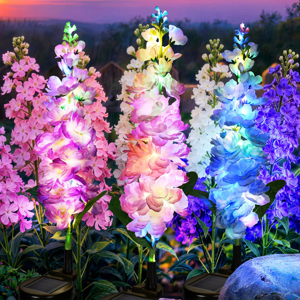 GIGALUMI delphinium solar bloom stake enhances garden curb appeal with vivid daytime color