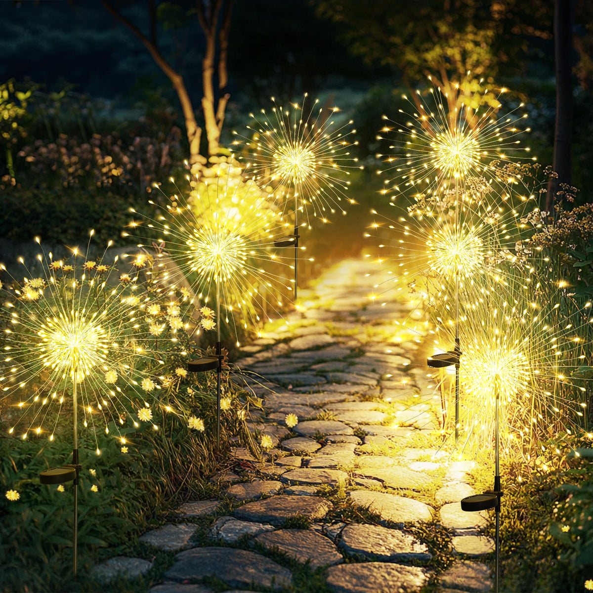 GIGALUMI 120LED solar garden lights illuminate pathways with warm white glow.