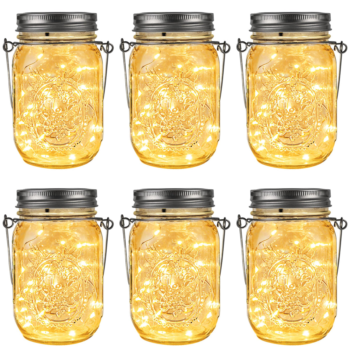 GIGALUMI hanging mason jar solar lights illuminating an outdoor patio at dusk