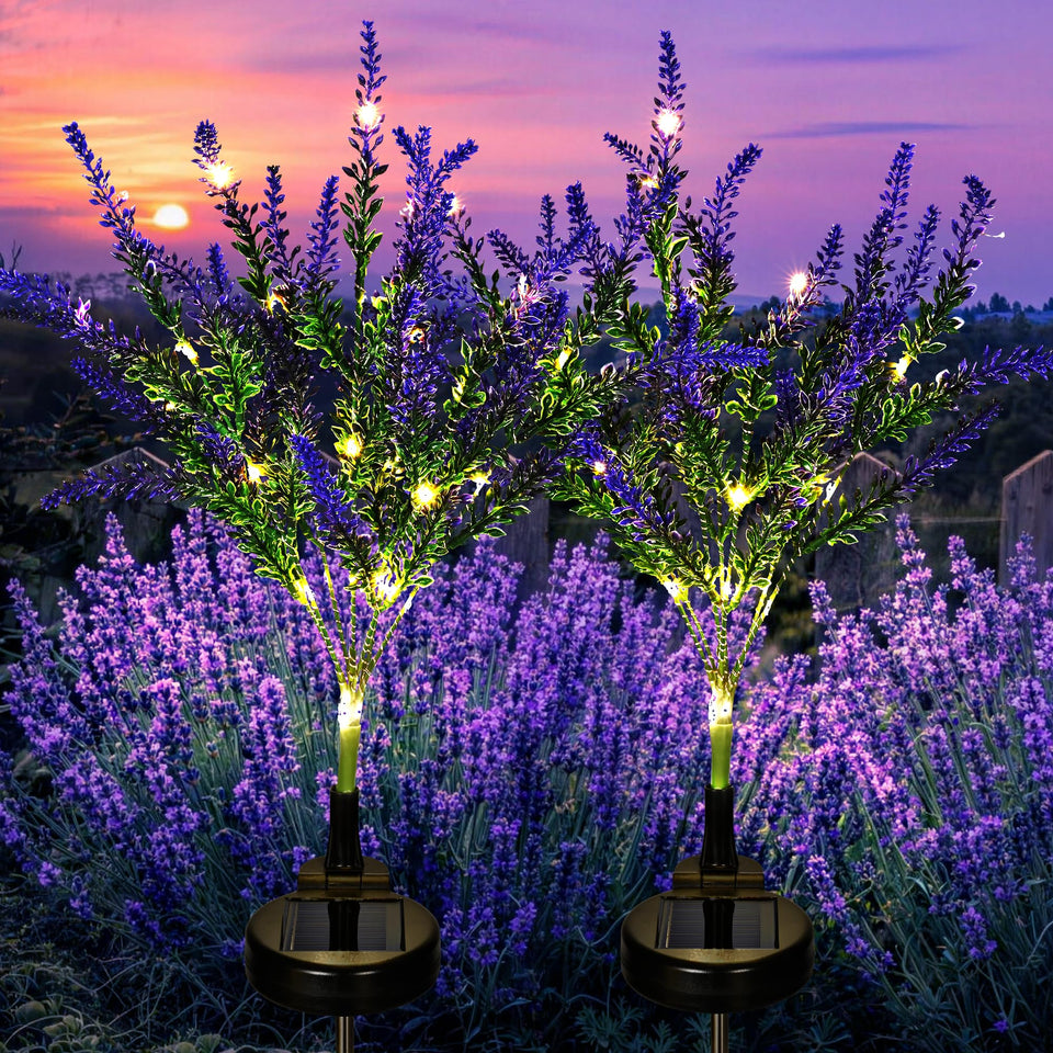 GIGALUMI lavender solar flower front view with warm night glow for garden ambiance.