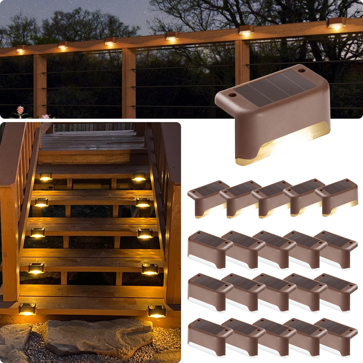 GIGALUMI LED solar deck light with warm white glow for safer nighttime stairs.