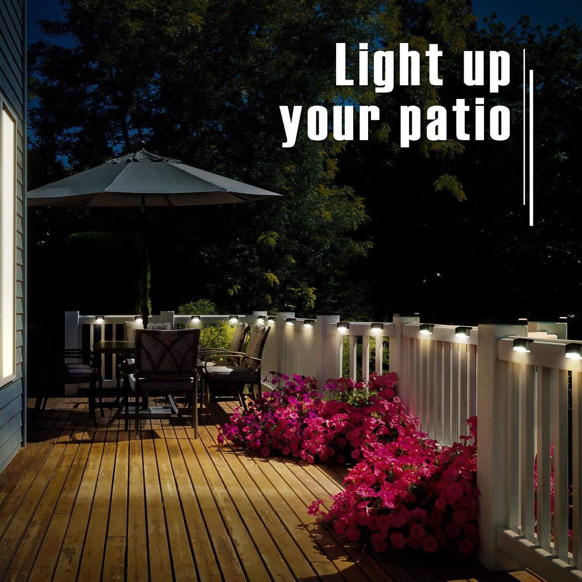 GIGALUMI warm-white deck lights add ambience to patios and gardens.