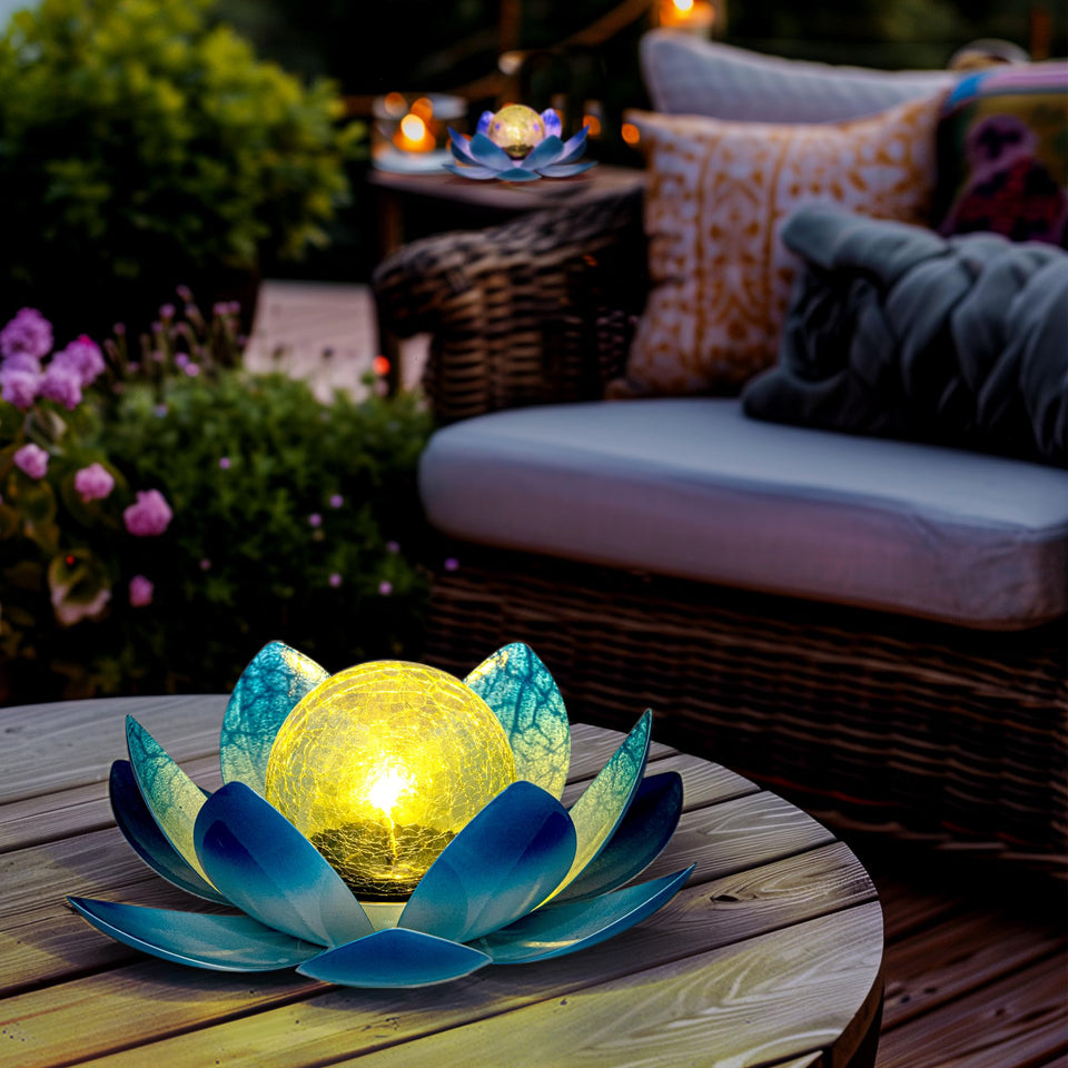 GIGALUMI lotus light with crackle globe glows amber for romantic garden ambiance