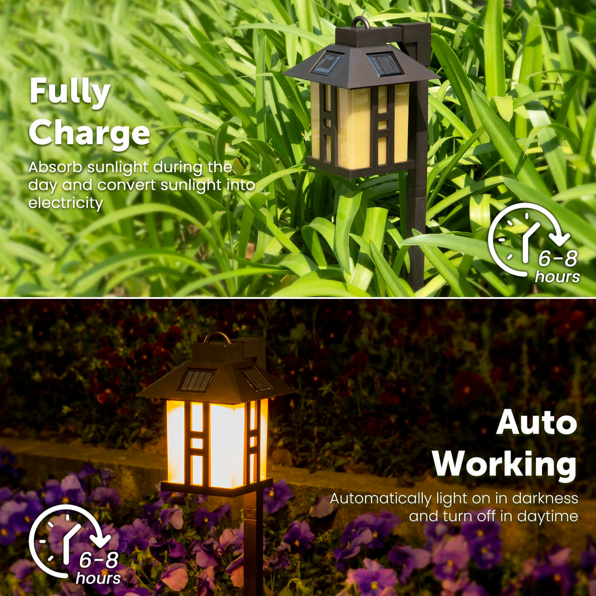 GIGALUMI solar garden lights by the porch offer decorative ambiance