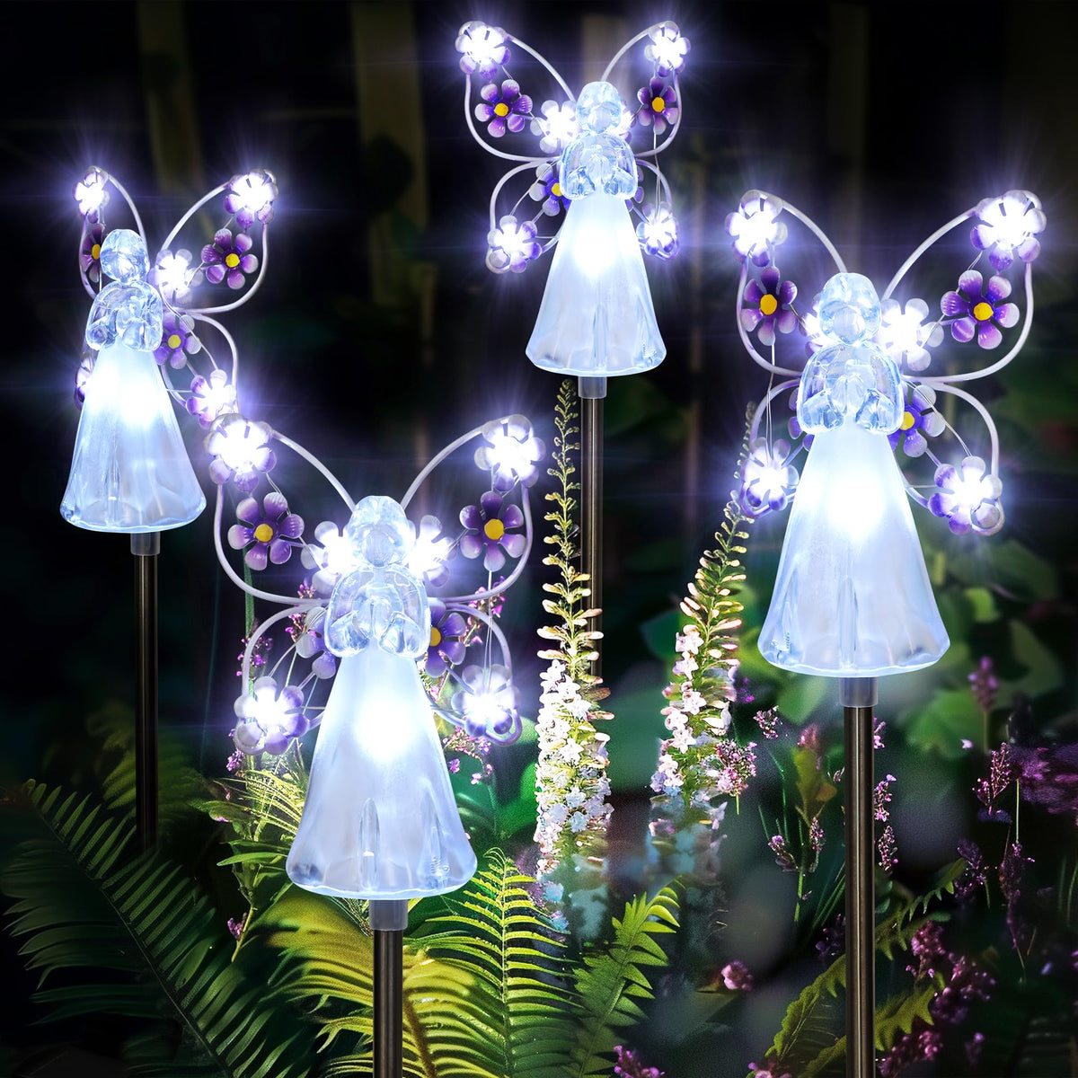 GIGALUMI solar angel stake light 4-pack brightens garden at dusk.