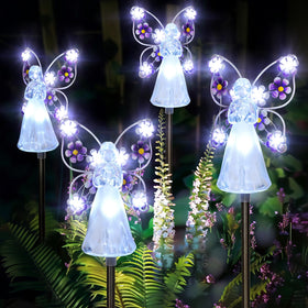 GIGALUMI solar angel stake light 4-pack brightens garden at dusk.