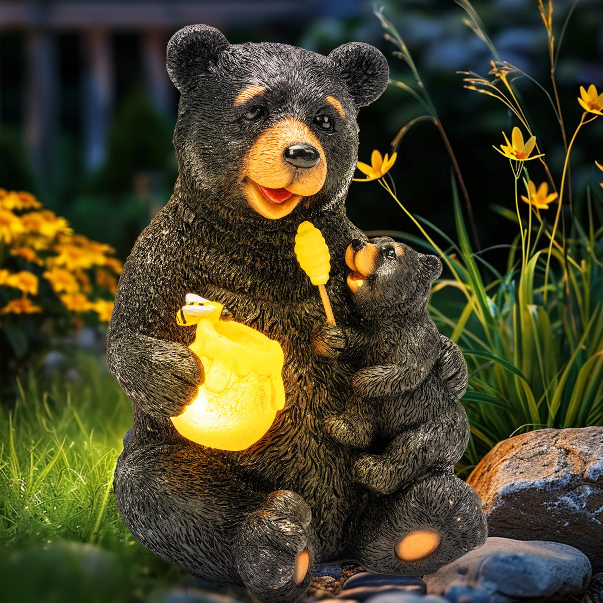 GIGALUMI solar bear statue with mother and cub lighting garden at twilight