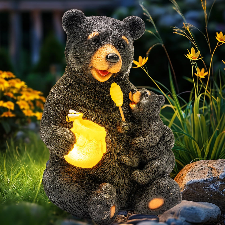 GIGALUMI solar bear statue with mother and cub lighting garden at twilight