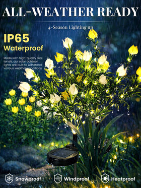 GIGALUMI gardenias yellow lights create a warm garden ambiance at dusk.