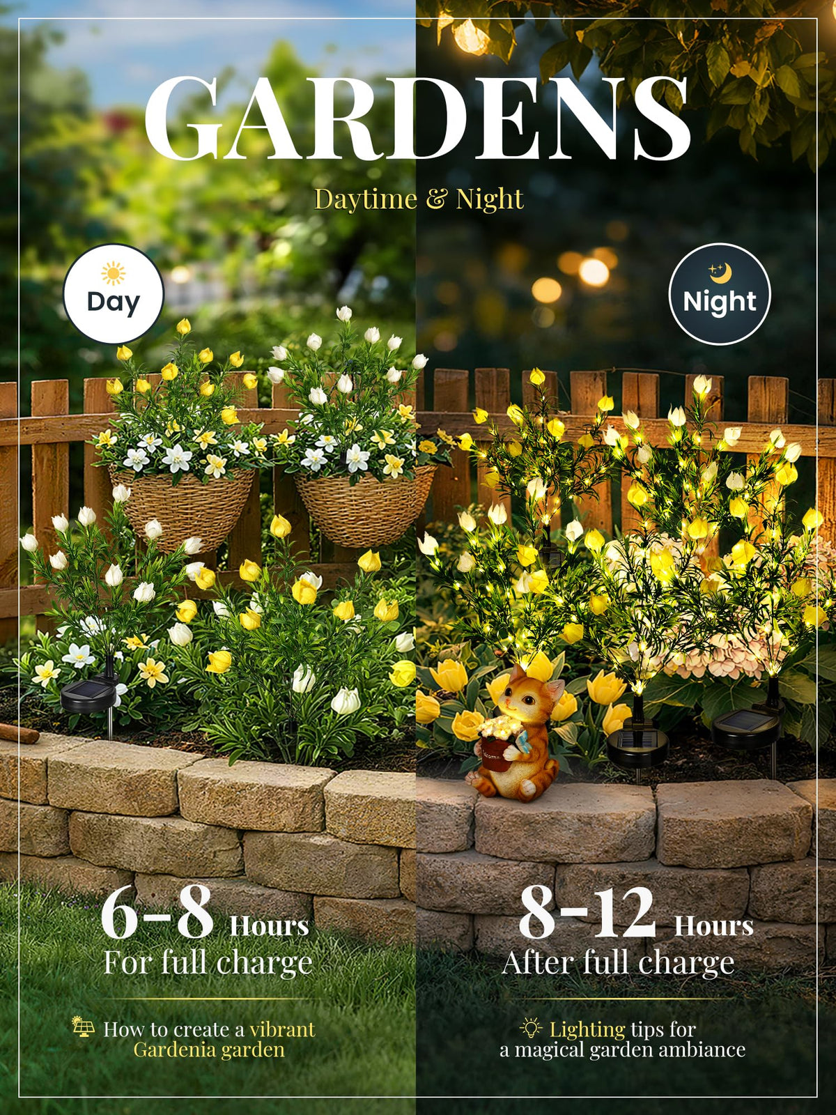 GIGALUMI solar garden lights glow at night, guiding guests along paths.