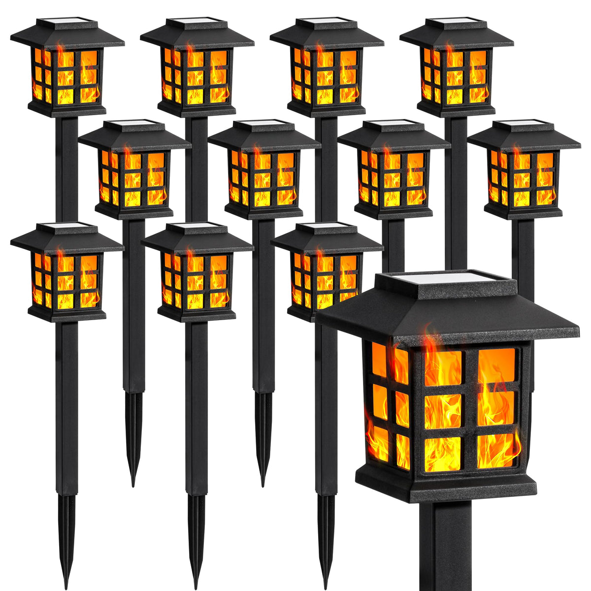 GIGALUMI solar lights outside with flickering flame for warm evening ambiance.