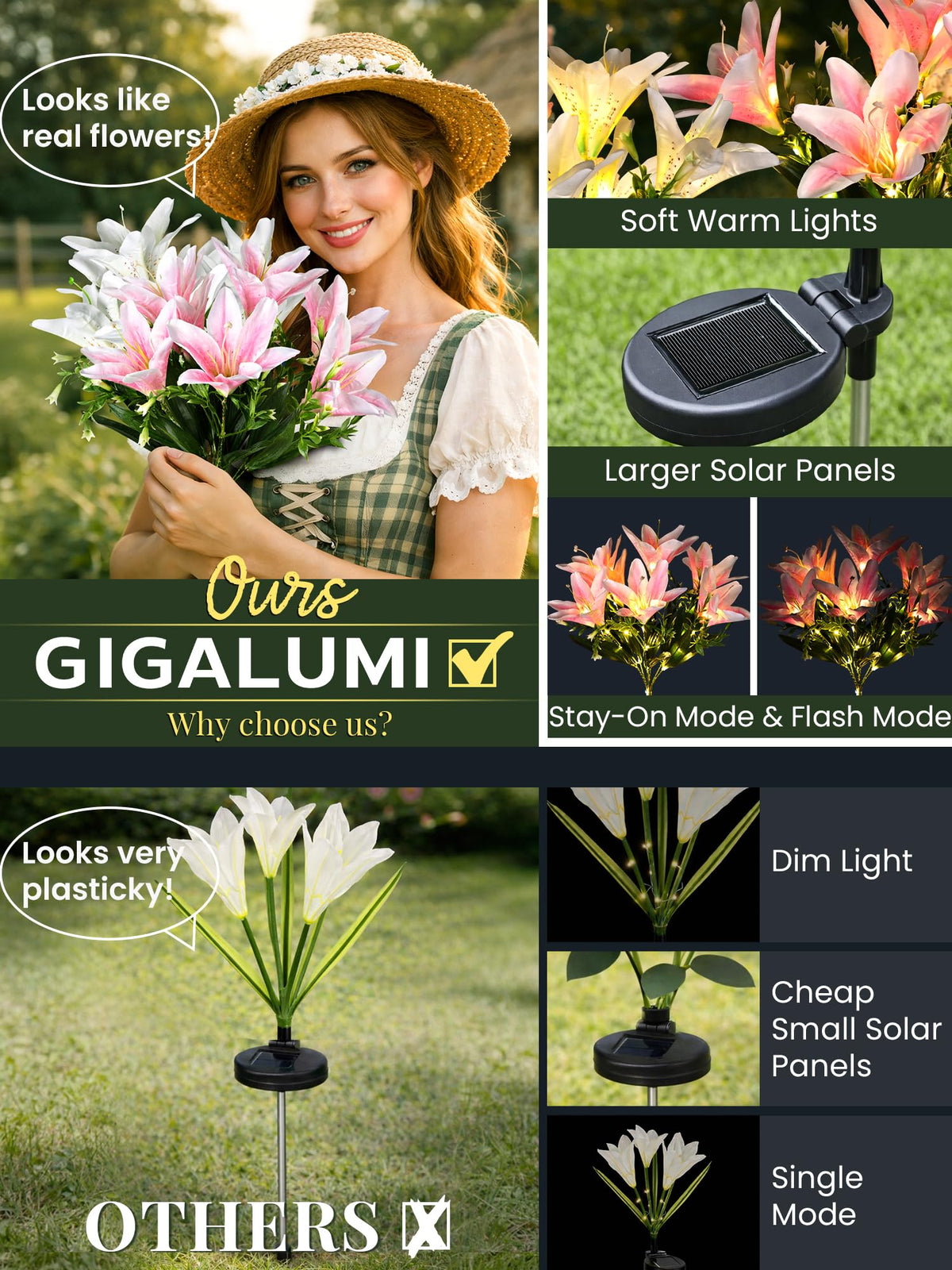 GIGALUMI solar lily light along pathway provides decorative night lighting