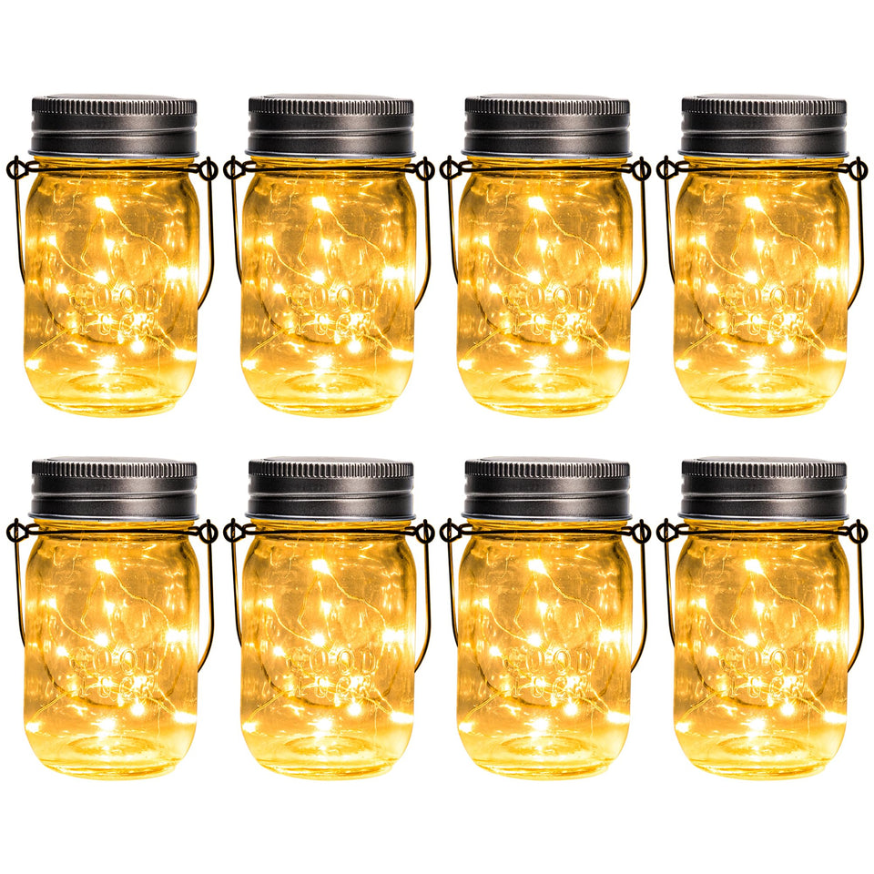 GIGALUMI solar mason jar lights 8-pack illuminate outdoor spaces without wiring.
