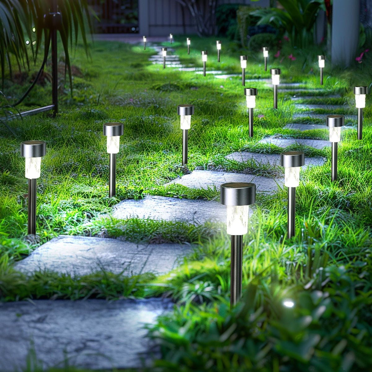 Gigalumi solar path light on a walkway delivering welcoming, long-lasting glow without wiring.