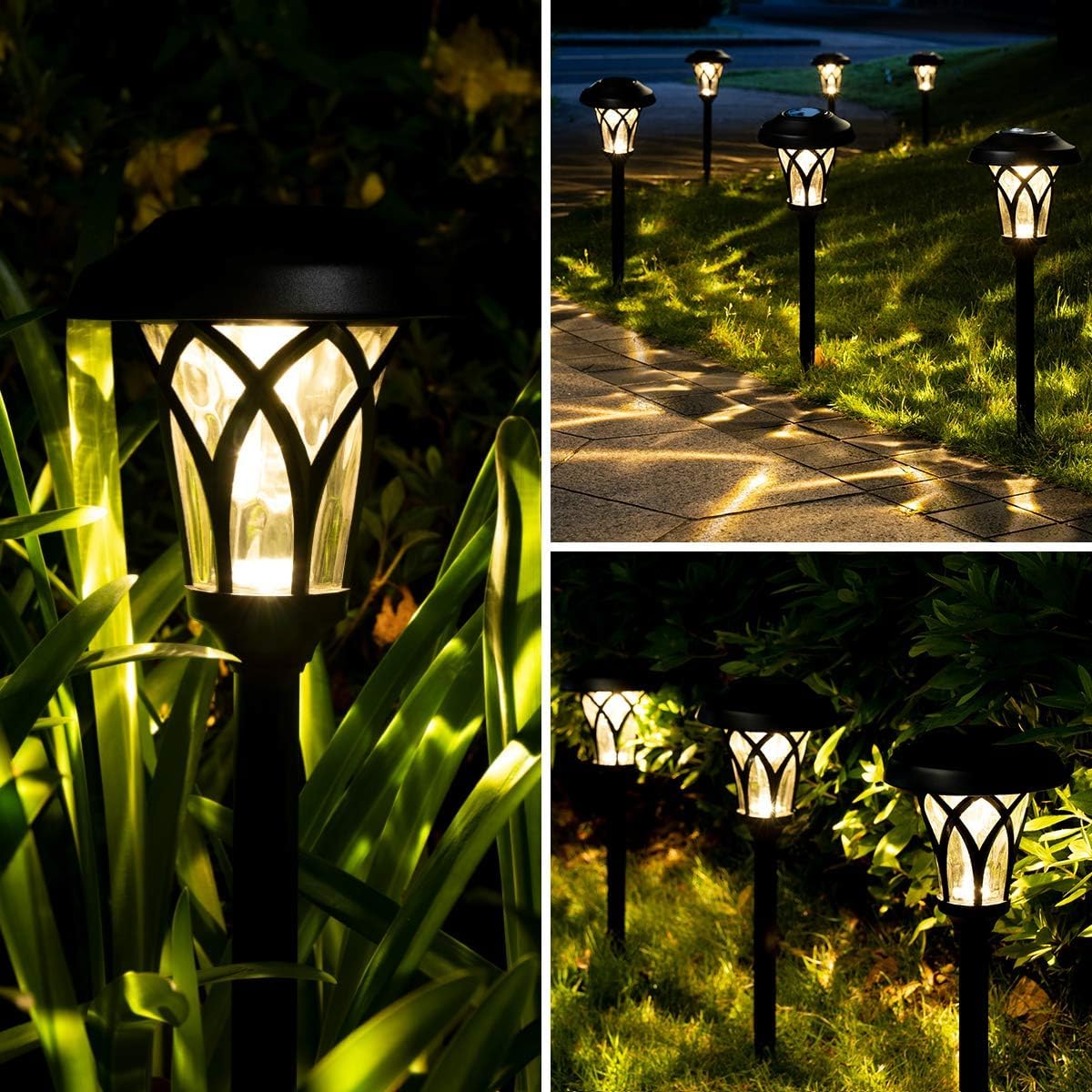 GIGALUMI solar pathway light with glass lamp cup emits warm white glow along the path.