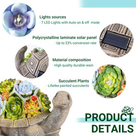 GIGALUMI solar-powered garden turtle statue lights up after daylight charging.
