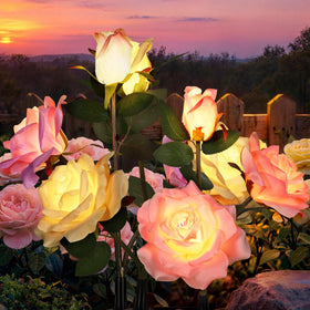 GIGALUMI solar rose lights close-up with realistic blooms for elegant garden decor.