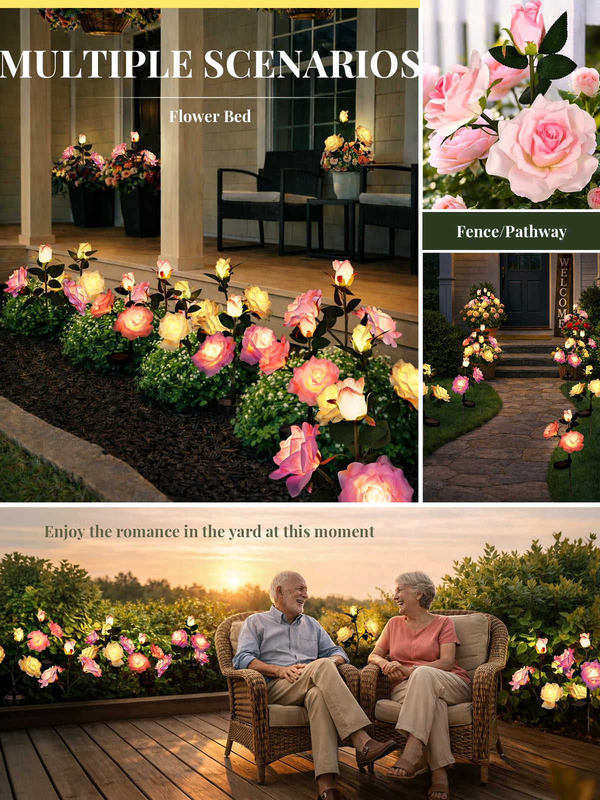 GIGALUMI colorful rose lights create whimsical accents for patios and walkways.