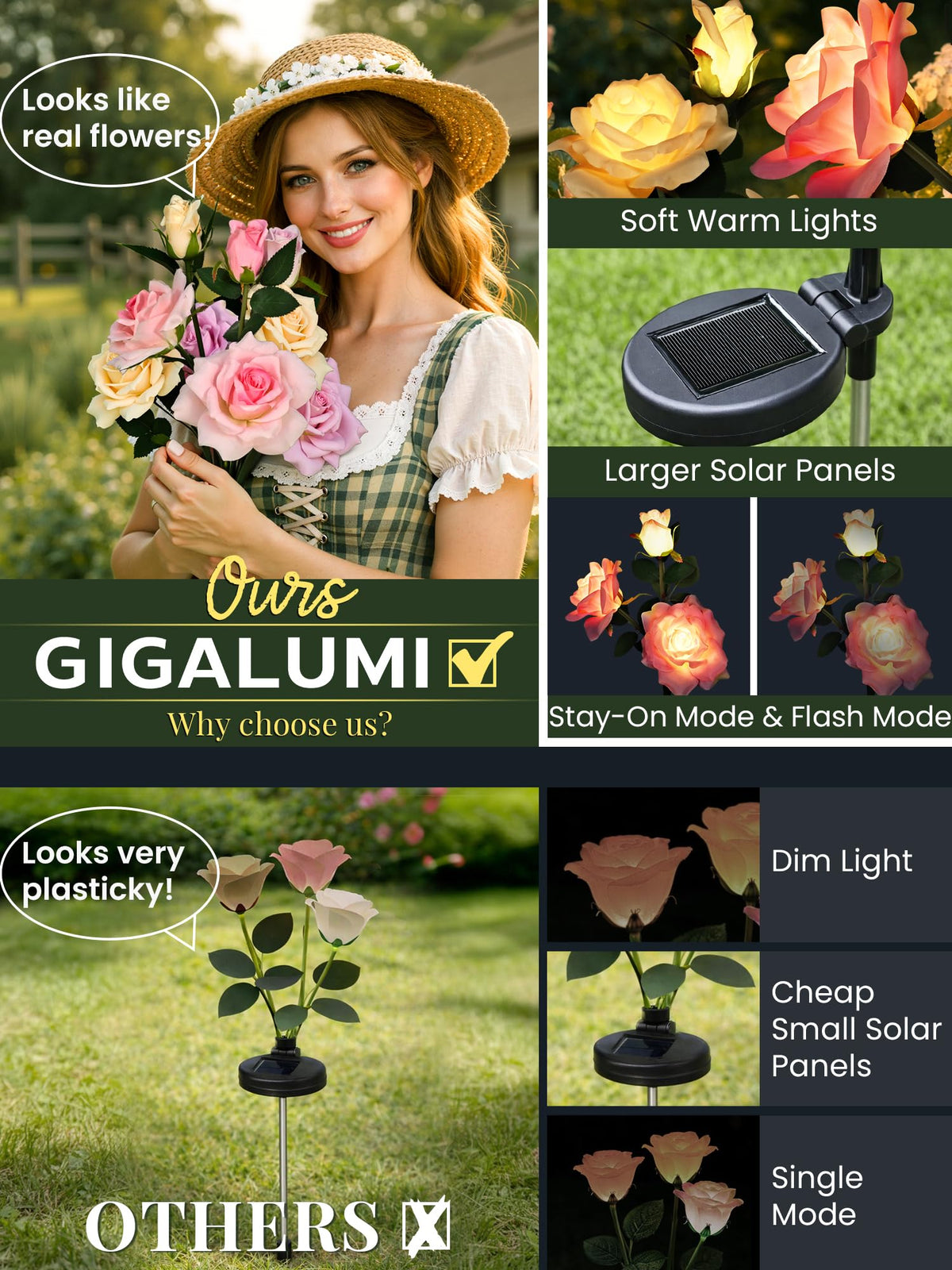 GIGALUMI solar rose lights at night illuminate pathways with warm glow.