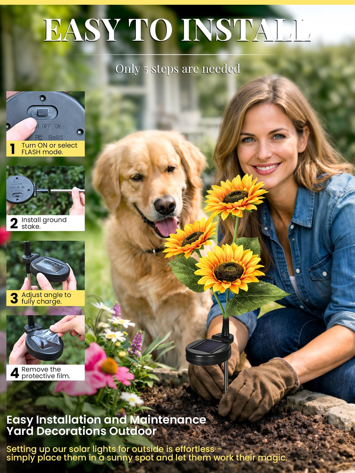 GIGALUMI solar sunflowers easy installation by soil without tools
