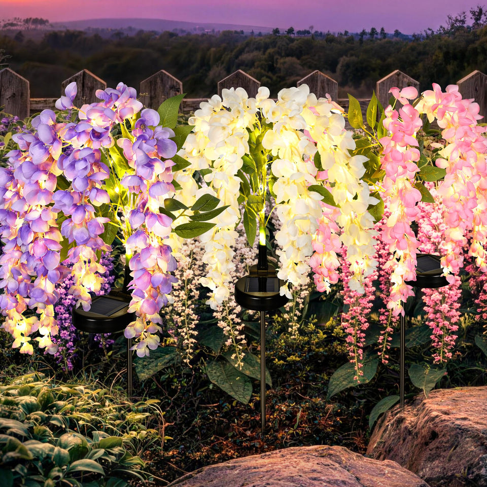 GIGALUMI Solar Wisteria bloom close-up highlights decorative garden lighting for evenings.