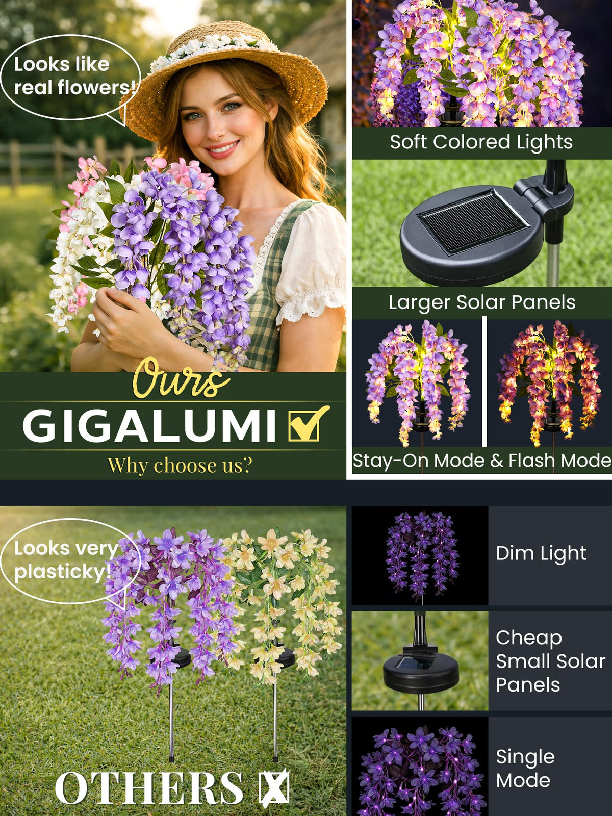 GIGALUMI Solar Wisteria stem with flexible adjustment allows custom height and angle.