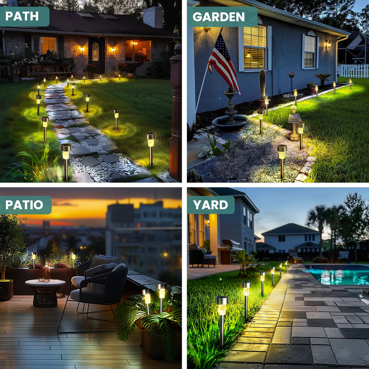 GIGALUMI stainless steel path light at dusk highlights a durable outdoor design.