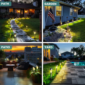 GIGALUMI stainless steel path light at dusk highlights a durable outdoor design.