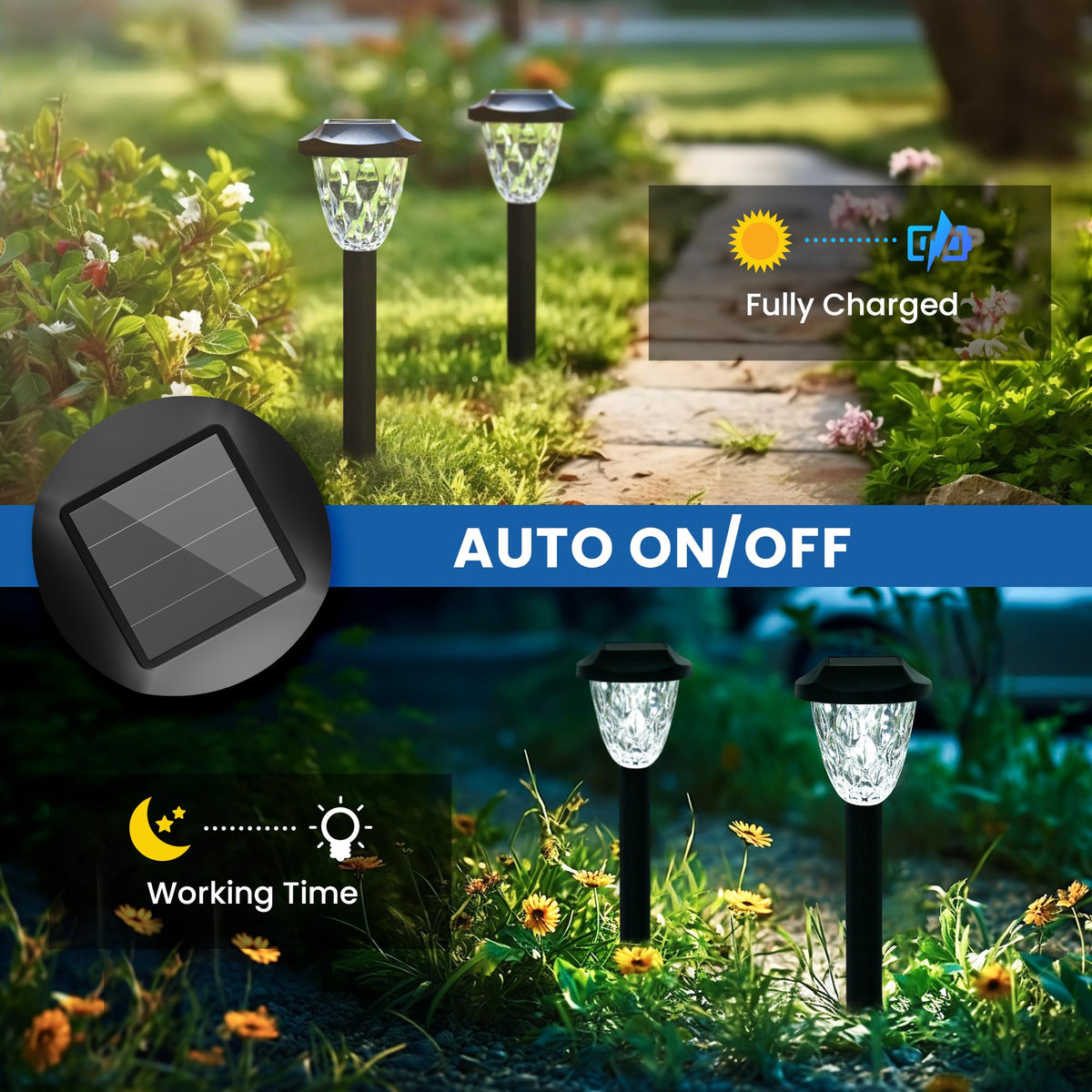 GIGALUMI warm LED glow enhances garden ambiance.