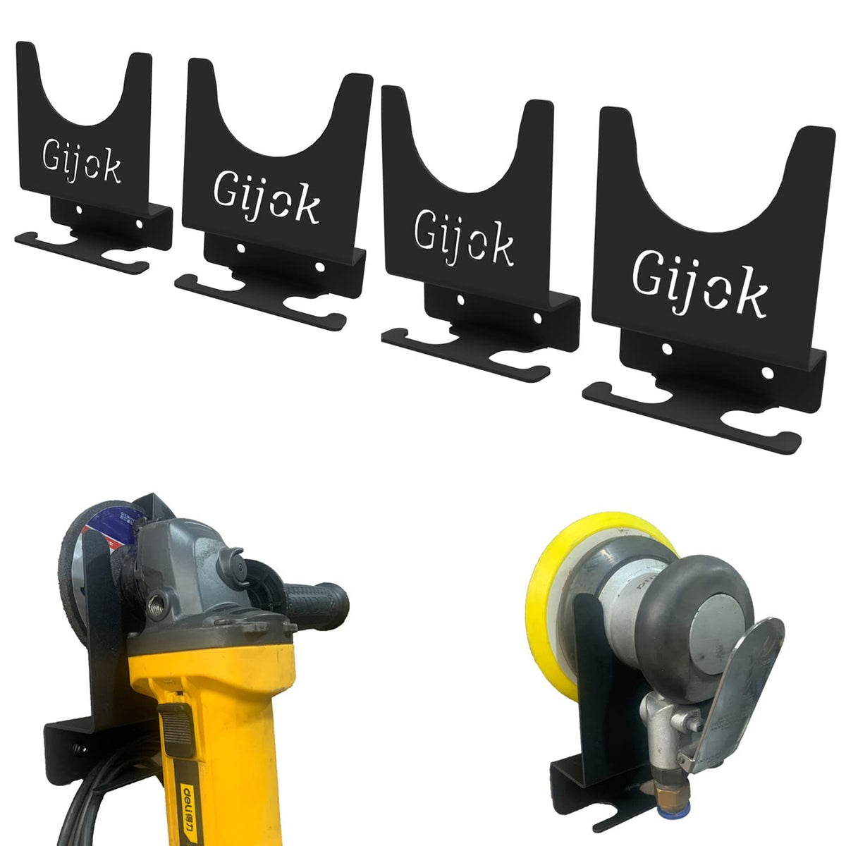 Gijok angle grinder holder mounted on a wall for quick access.