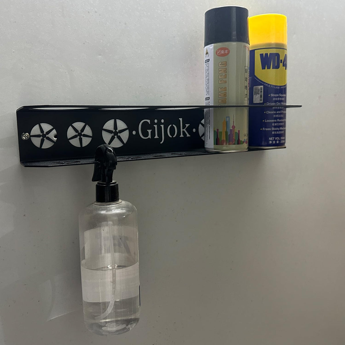 Gijok garage spray can holder in steel improves efficiency during car care projects