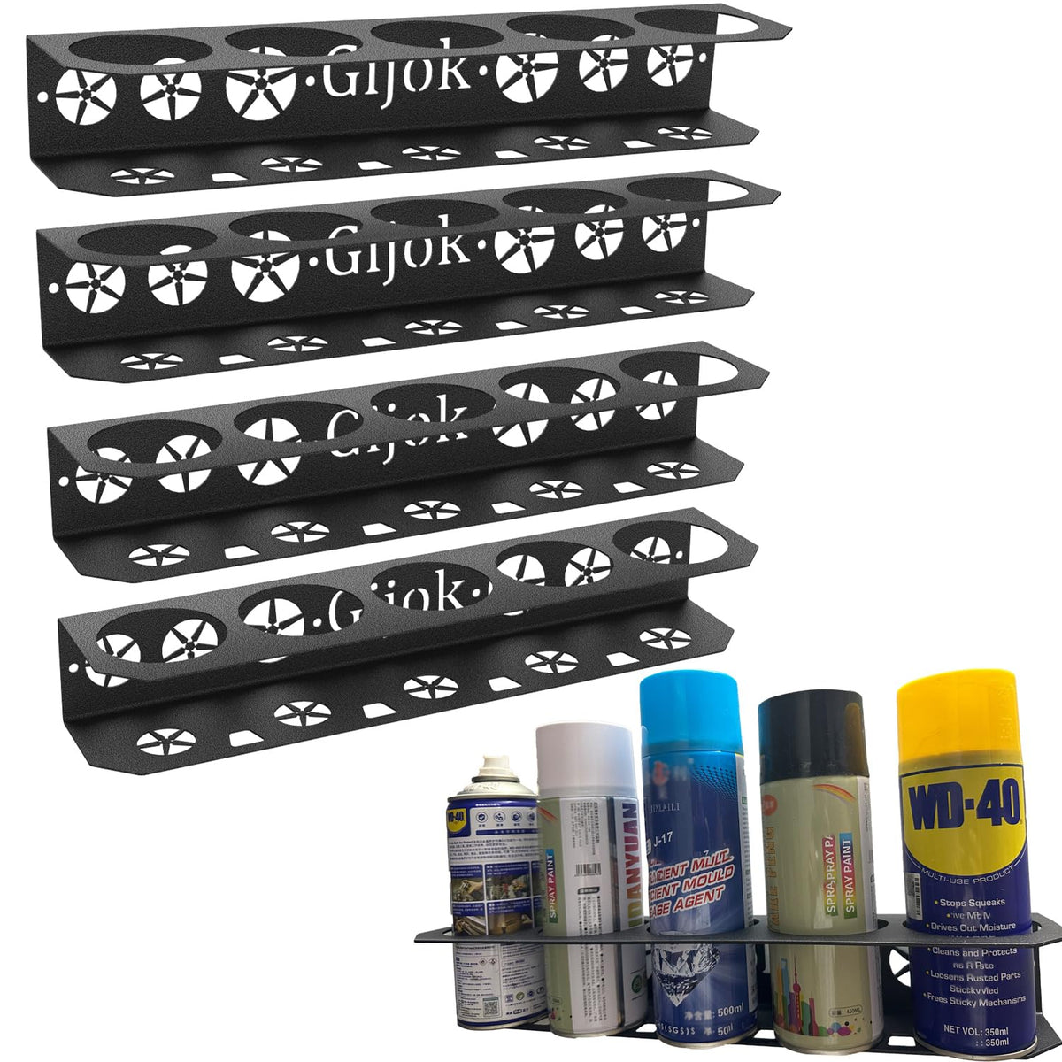 Gijok wall-mount spray can holder front view with four slots for quick access