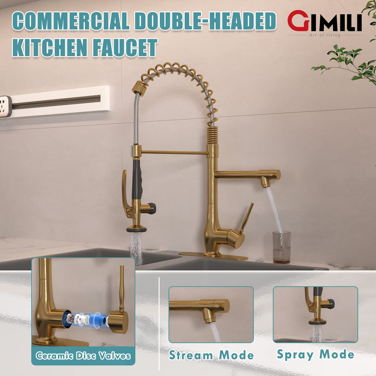 GIMILI high-arc brushed gold faucet providing wide sink access