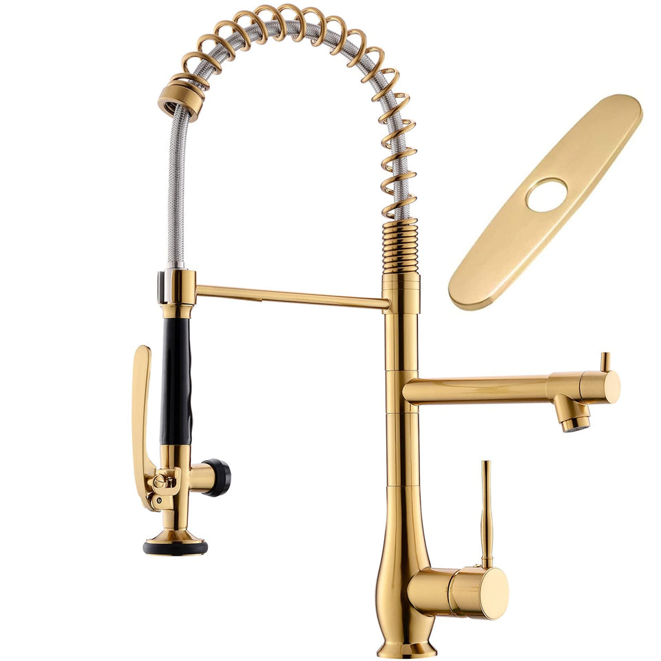 GIMILI Brushed Gold pull-down kitchen faucet shown for easy rinsing and reach