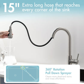 GIMILI 14.5-inch tall faucet with 8.6-inch reach fits large sinks.