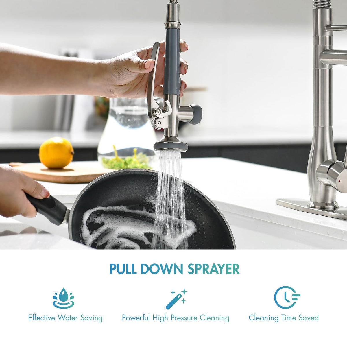 Dual nozzles allow simultaneous spray and stream for efficient tasks