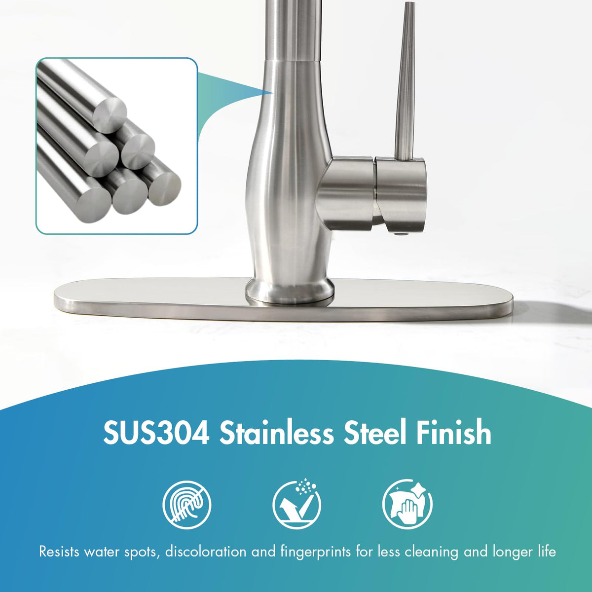 SUS304 stainless steel construction resists fingerprints and corrosion