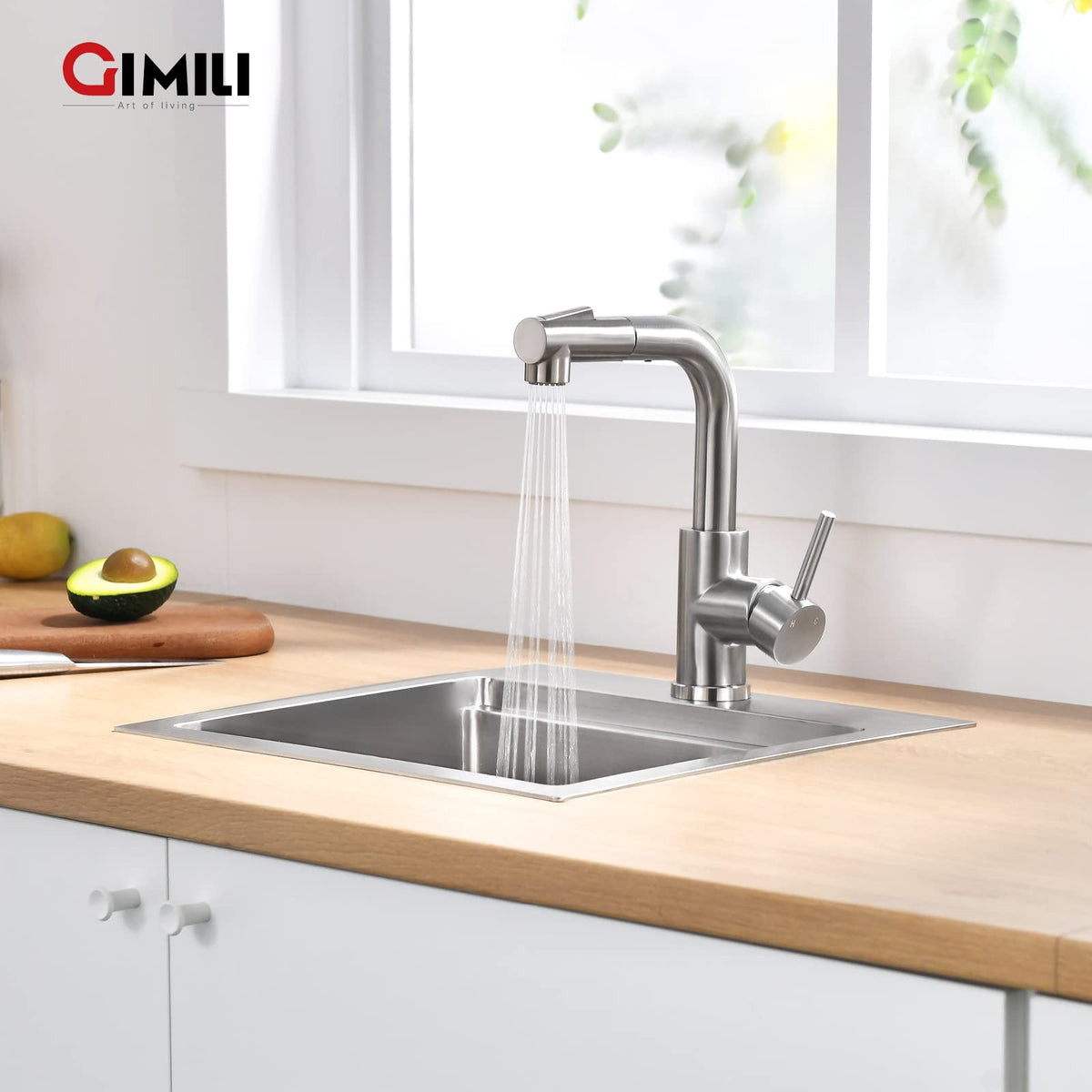 GIMILI kitchen sink setup with brushed nickel finish blends with modern decor.
