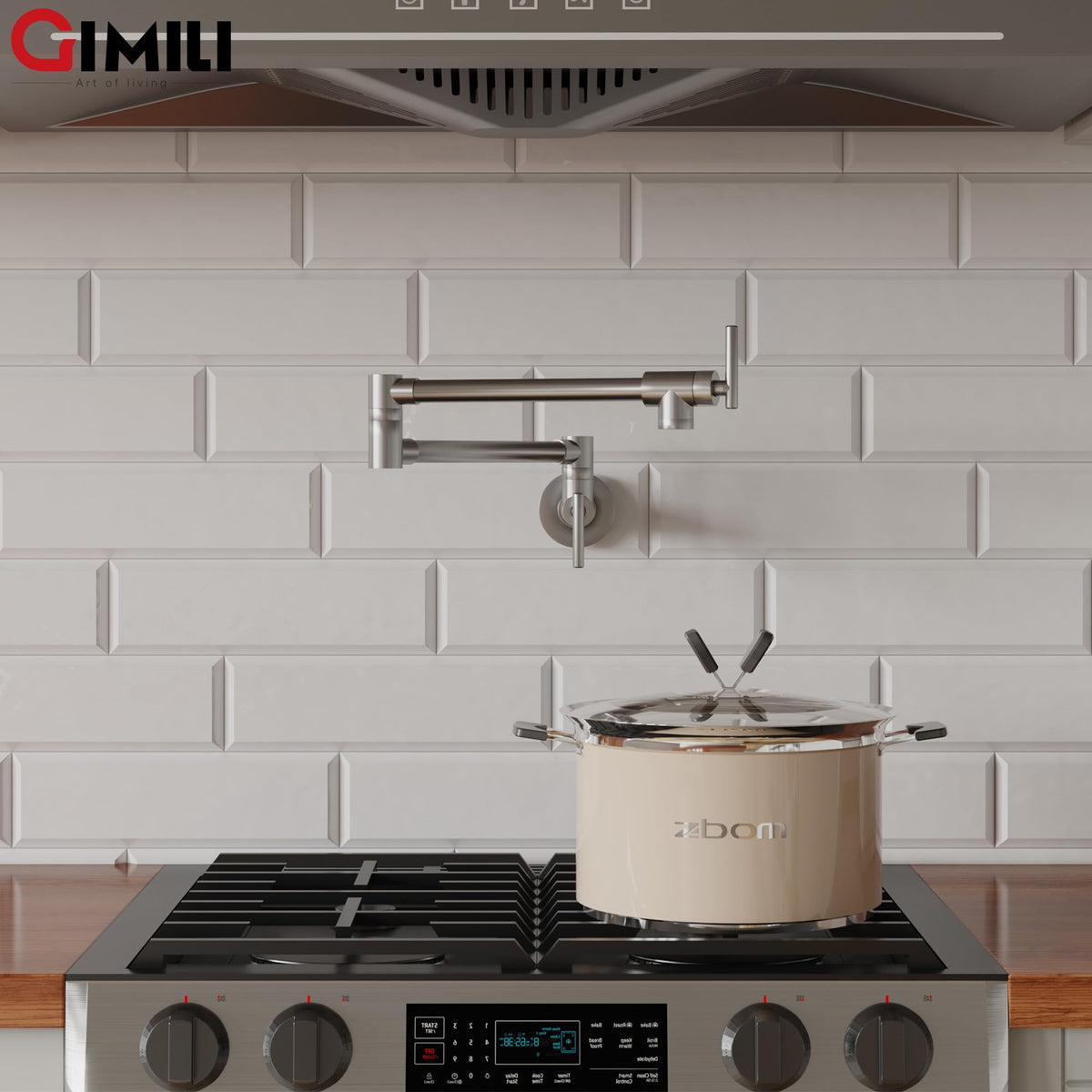 GIMILI wall-mounted pot filler in brushed nickel saves countertop space.