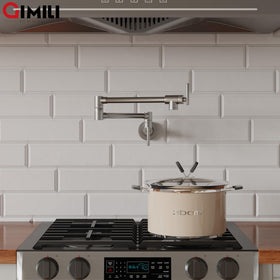 GIMILI wall-mounted pot filler in brushed nickel saves countertop space.