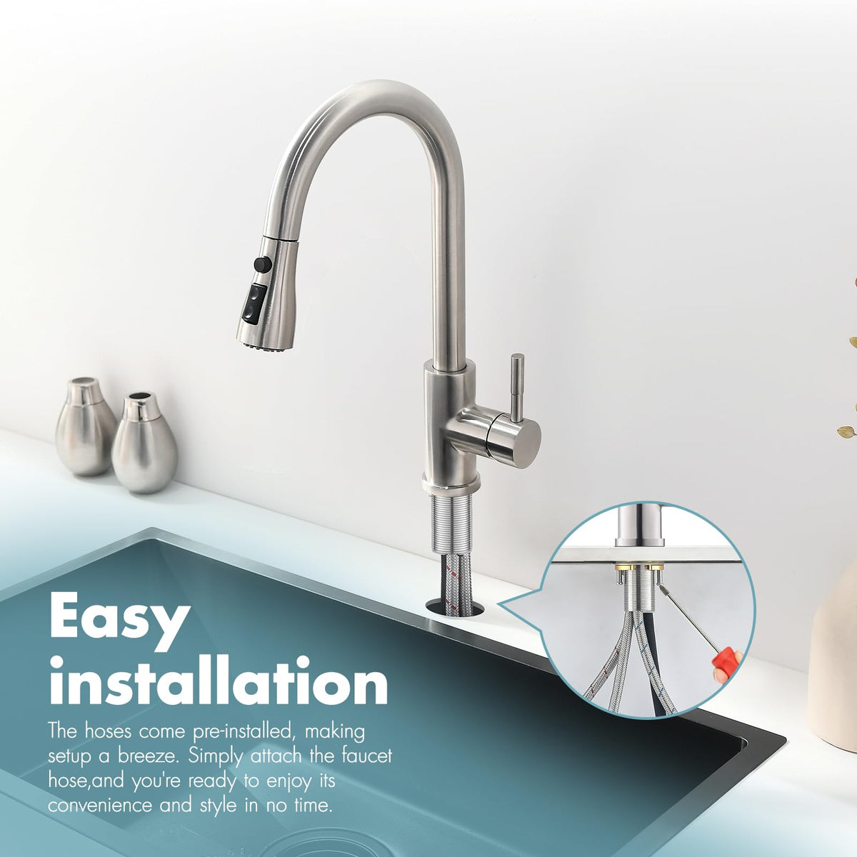 GIMILI pull-out sprayer extended hose reaches corners for thorough sink cleaning.