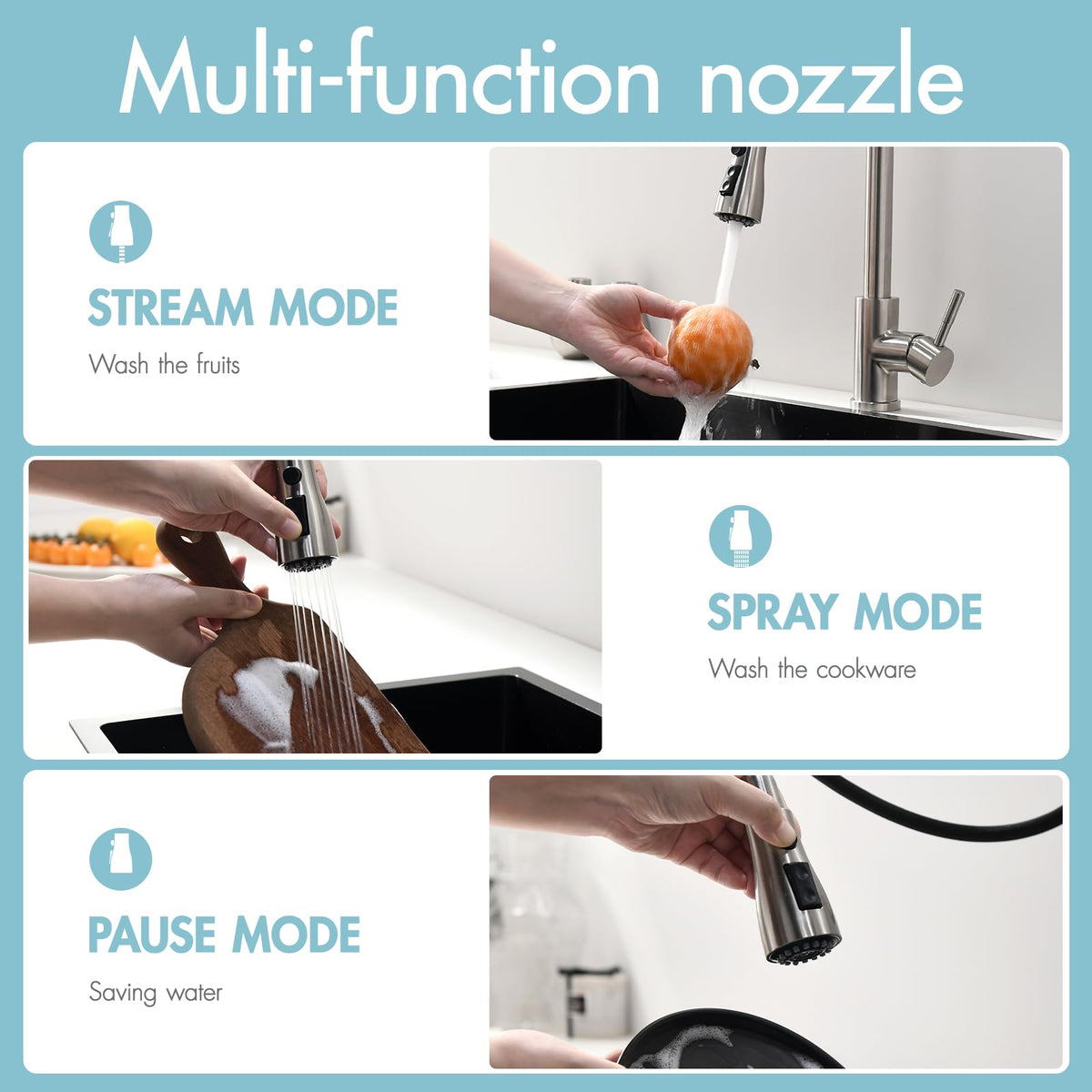GIMILI three-spray modes—Stream, Spray, Pause—for versatile kitchen tasks.