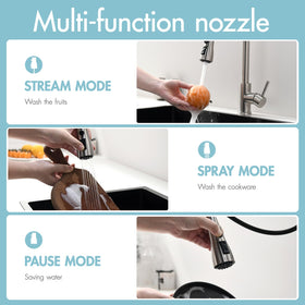 GIMILI three-spray modes—Stream, Spray, Pause—for versatile kitchen tasks.