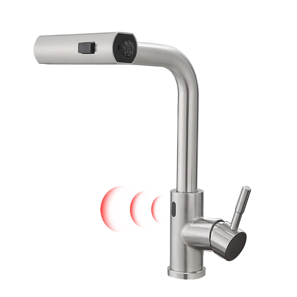 GIMILI touchless faucet with pull-down sprayer in brushed nickel offers hands-free control.