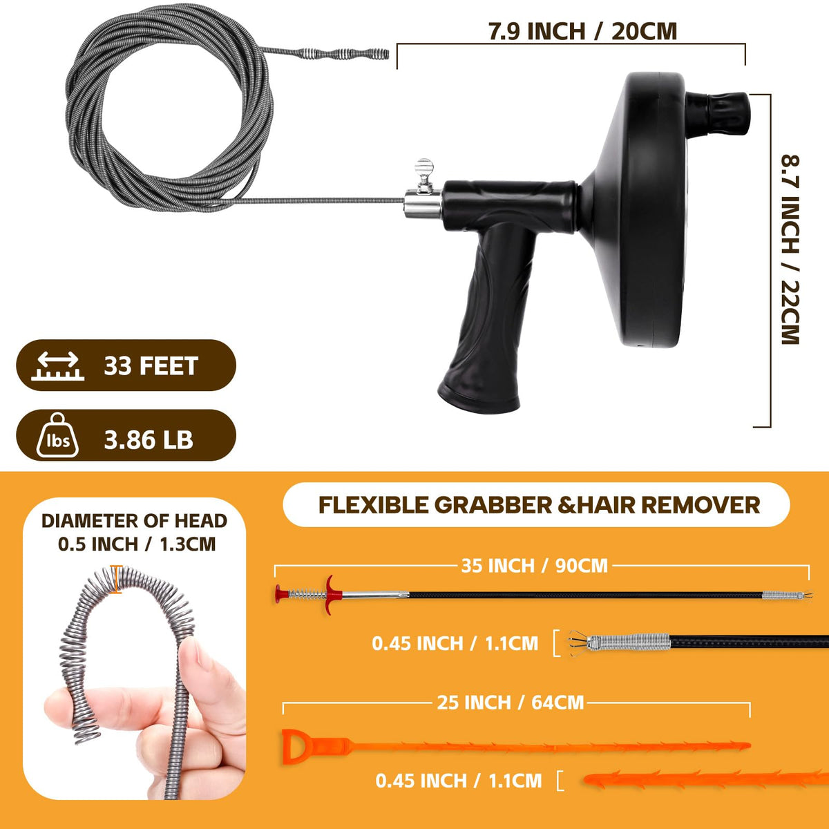 Ginbel Direct flexible grabber reaches deep pipes to grab hair without damage