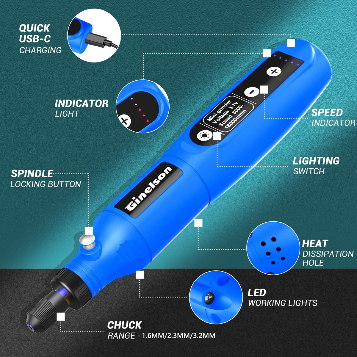 GINELSON 5-speed control for delicate polishing and carving tasks.