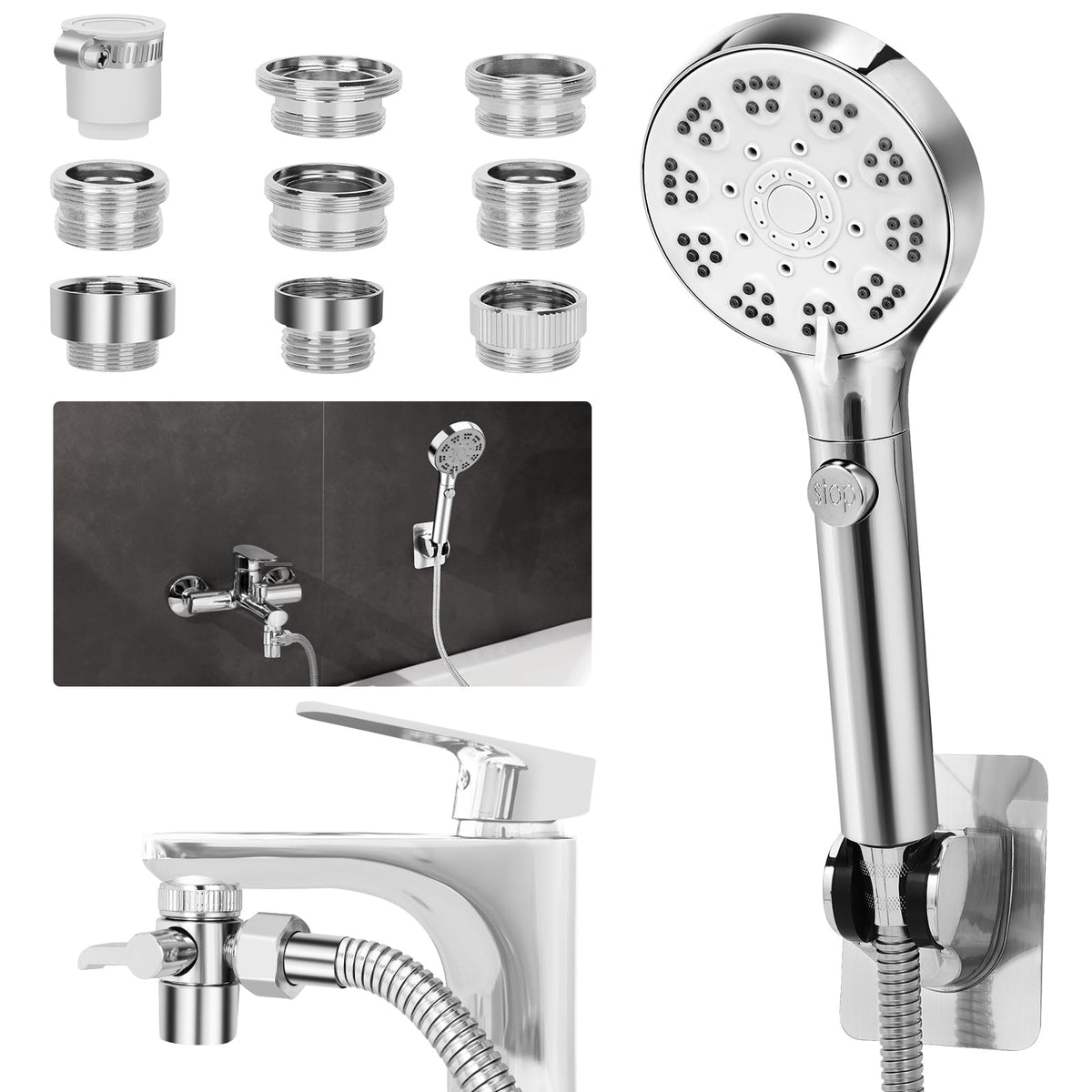 Ginoojy bathtub faucet shower head set closeup with durable stainless steel hose.