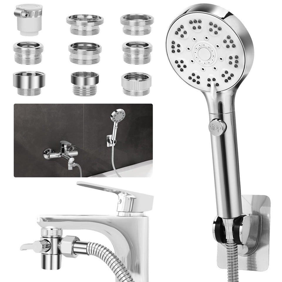 Ginoojy bathtub faucet shower head set closeup with durable stainless steel hose.