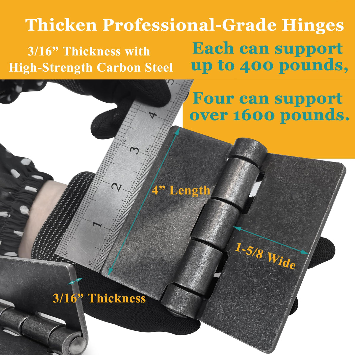 Ginxfit weld-on hinges on gate demonstrate 600 lb per pair capacity.